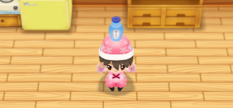 Holding a bottle of lotion in Story of Seasons: FoMT