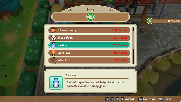 Shop interface of the Derby Prize menu showing Lotion. / Story of Seasons: Friends of Mineral Town