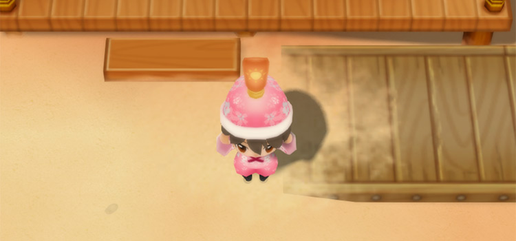 Holding a bottle of Sunblock in Story of Seasons: Friends of Mineral Town