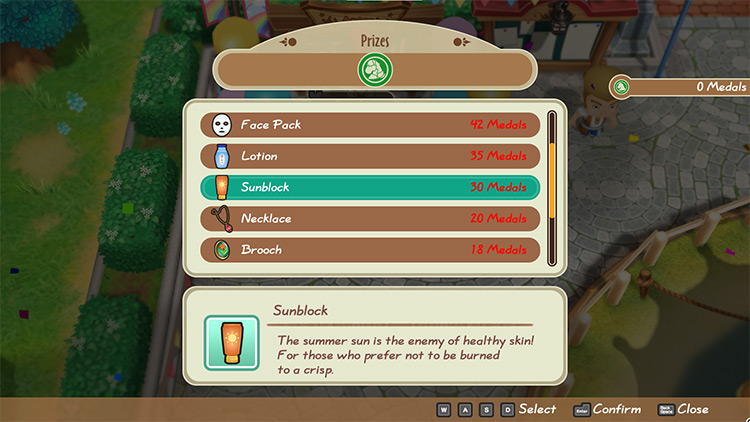 Shop interface of the Derby Prize menu showing Sunblock. / Story of Seasons: Friends of Mineral Town