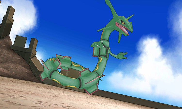 Rayquaza appears on Sky Pillar’s roof / Pokémon ORAS