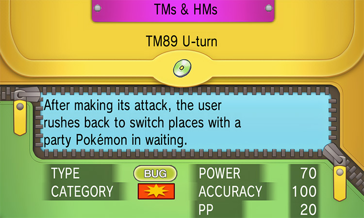 In-game details for TM89 U-Turn / Pokemon ORAS