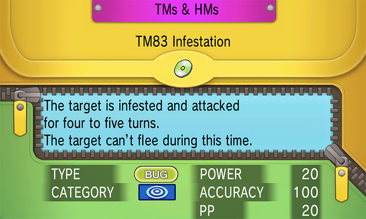 In-game details for TM83 Infestation / Pokemon ORAS