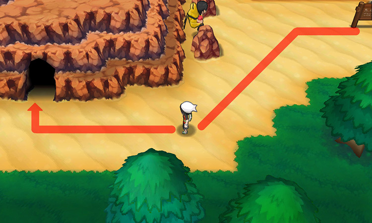 Walking west past the sign board, then turning southwest, towards Granite Cave. / Pokemon ORAS