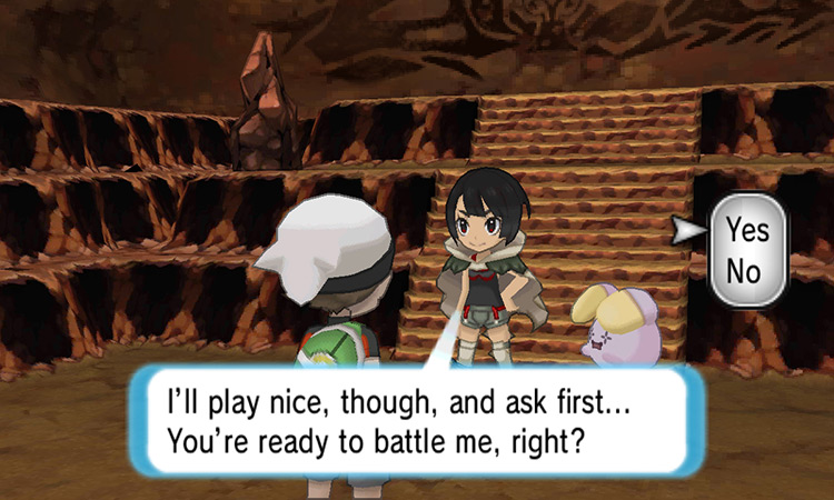 Zinnia challenging the player to a battle. / Pokemon ORAS