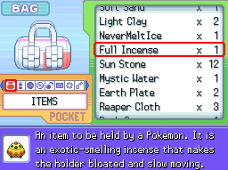In-game description of the Full Incense / Pokémon Platinum