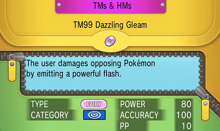 In-game details for TM99 Dazzling Gleam / Pokemon ORAS
