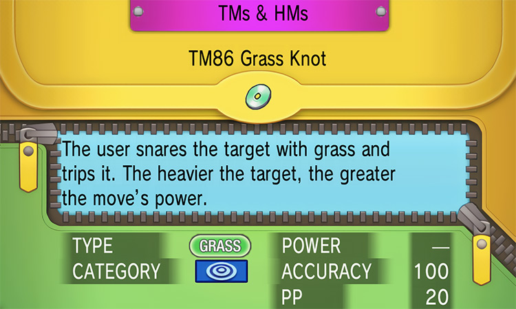 In-game details for TM86 Grass Knot / Pokemon ORAS