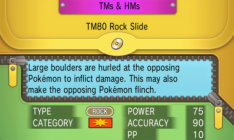 In-game details for TM80 Rock Slide / Pokemon ORAS