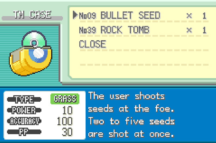 In-game details for TM09 Bullet Seed. / Pokemon FRLG