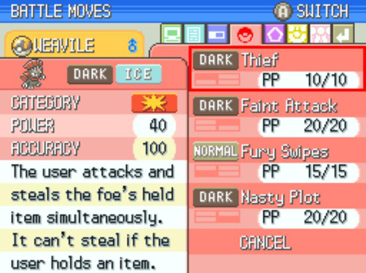 In-game description of Thief / Pokémon Platinum