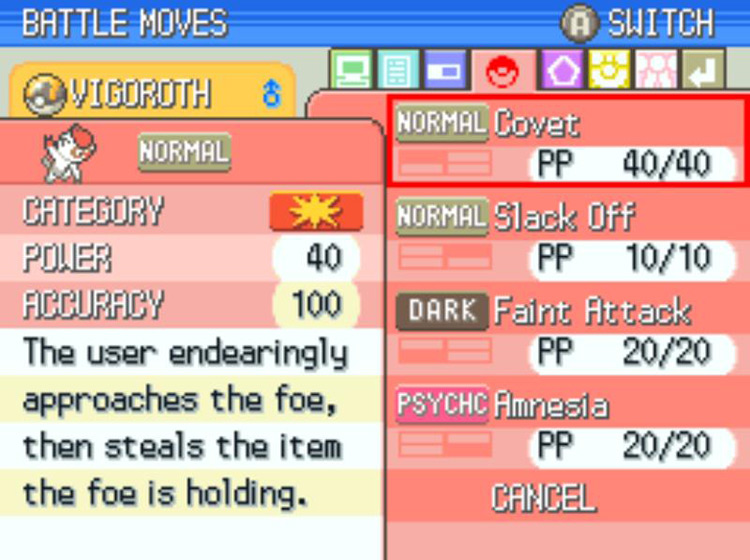 In-game description of Covet / Pokémon Platinum