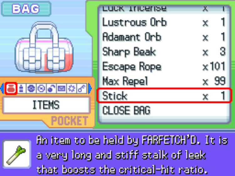 The in-game description of the Stick / Pokémon Platinum