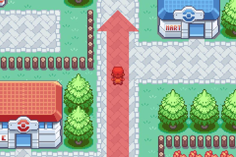 Continue north past the Pokémon Center and Poké Mart. / Pokemon FRLG