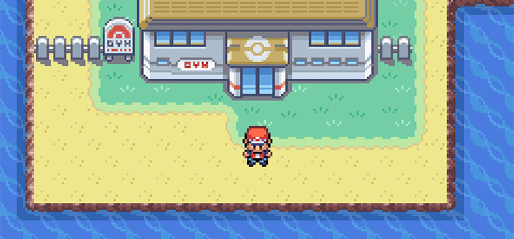 Standing outside the Vermilion City Gym in Pokémon FireRed