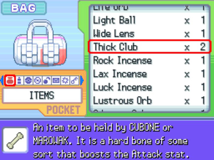 The in-game description of the Thick Club / Pokémon Platinum