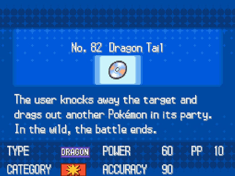 In-game details for TM82 Dragon Tail. / Pokemon BW