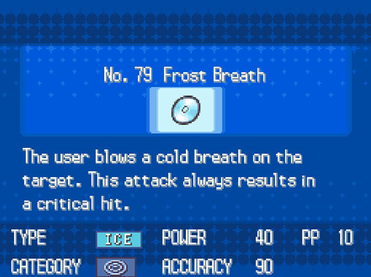 In-game details for TM79 Frost Breath. / Pokemon BW