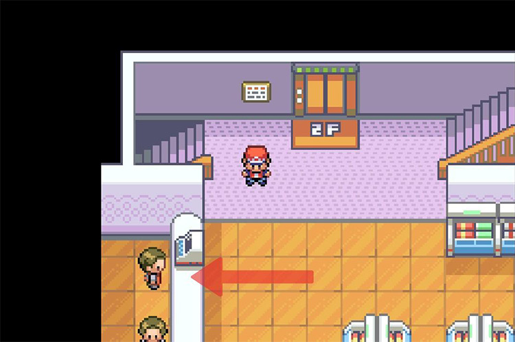 Speak to the cashier closest to the stairs. / Pokémon FireRed and LeafGreen
