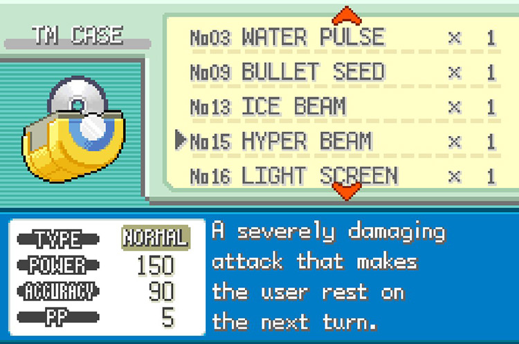 In-game details for TM15 Hyper Beam. / Pokémon FireRed and LeafGreen