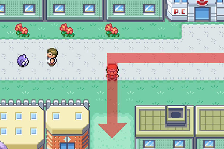 Head south in-between the buildings. / Pokémon FireRed and LeafGreen