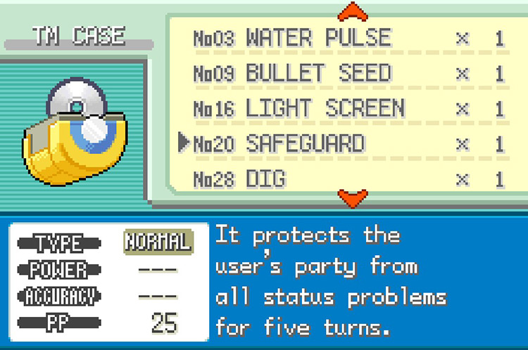 In-game details for TM20 Safeguard. / Pokémon FireRed and LeafGreen