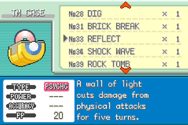In-game details for TM33 Reflect. / Pokémon FireRed and LeafGreen