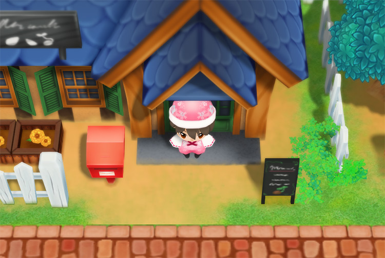 The farmer stands in front of the General Store. / Story of Seasons: Friends of Mineral Town