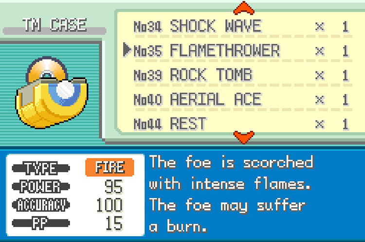 In-game details for TM35 Flamethrower. / Pokémon FireRed and LeafGreen