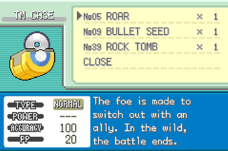 In-game details for TM05 Roar. / Pokémon FireRed and LeafGreen