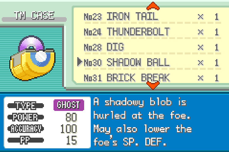 In-game details for TM30 Shadow Ball. / Pokémon FireRed and LeafGreen