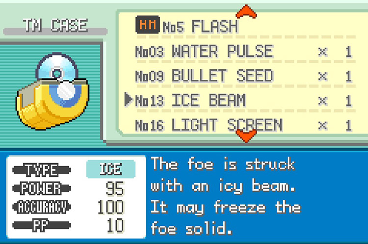 In-game details for TM13 Ice Beam. / Pokémon FireRed and LeafGreen