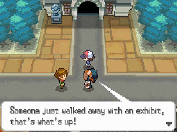 Gym Leader Burgh meeting you outside of the museum. / Pokemon BW