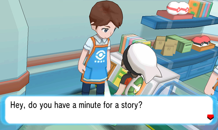 The clerk telling a story about the Prison Bottle. / Pokemon ORAS
