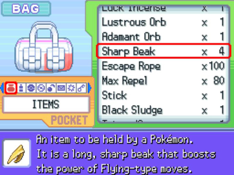 The in-game description of the Sharp Beak / Pokémon Platinum