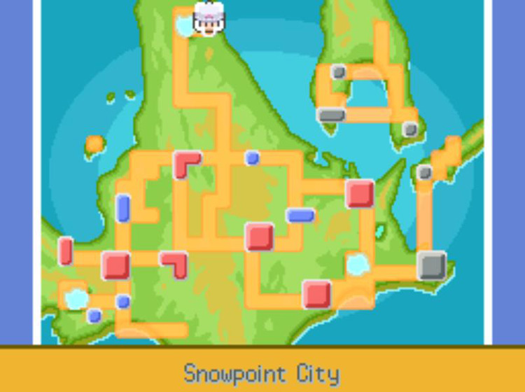 Snowpoint City on the Town Map. / Pokémon Platinum