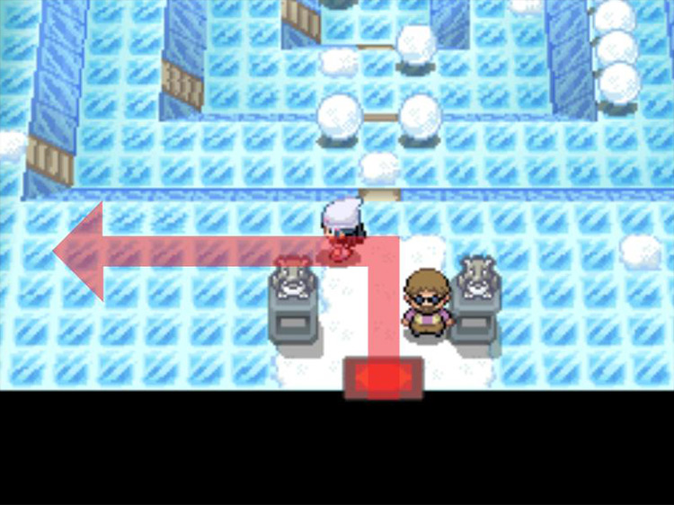 Stepping left onto the ice in the Snowpoint Gym. / Pokémon Platinum