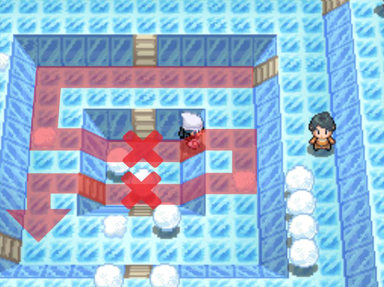 Taking out the last two snowballs in Snowpoint Gym. / Pokémon Platinum