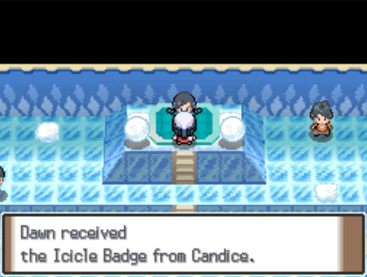 Receiving the Icicle Badge as a reward for defeating Candice. / Pokémon Platinum