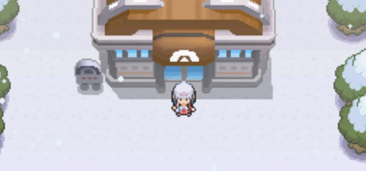 Standing outside the Snowpoint Gym in Pokémon Platinum