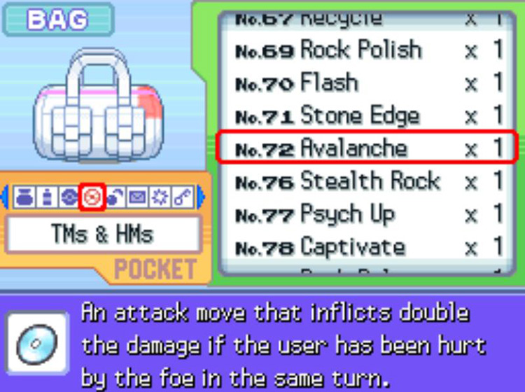 In-game description of TM72 Avalanche. / Pokemon Platinum