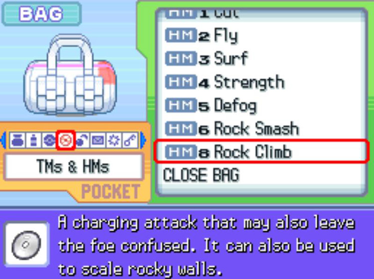 In-game description of HM08 Rock Climb / Pokémon Platinum