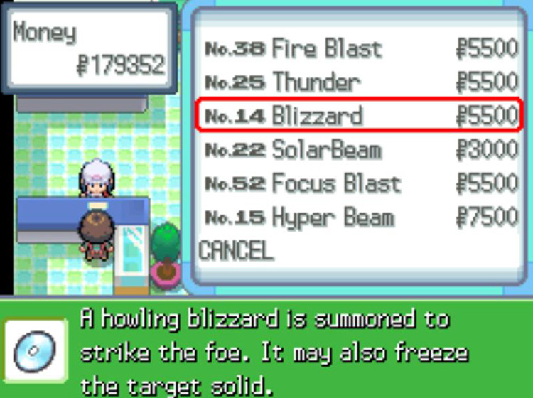 TM14 Blizzard’s listing at the Department Store / Pokémon Platinum