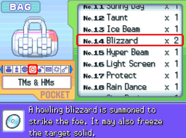 In-game description of TM14 Blizzard / Pokémon Platinum
