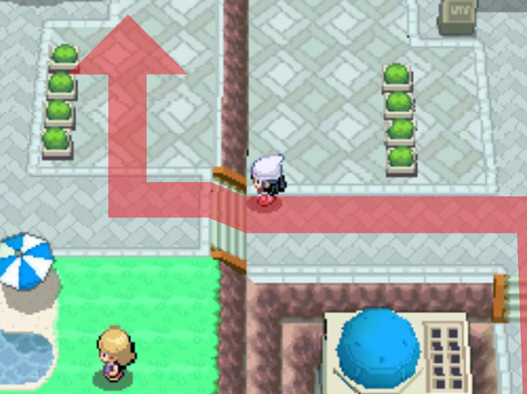 Heading up the staircases to the north and west of the Hotel entrance. / Pokémon Platinum
