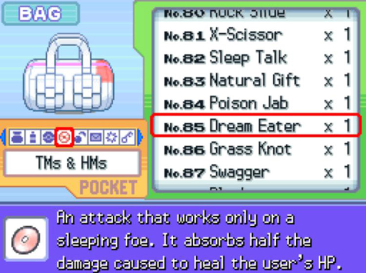 In-game description of TM85 Dream Eater / Pokémon Platinum