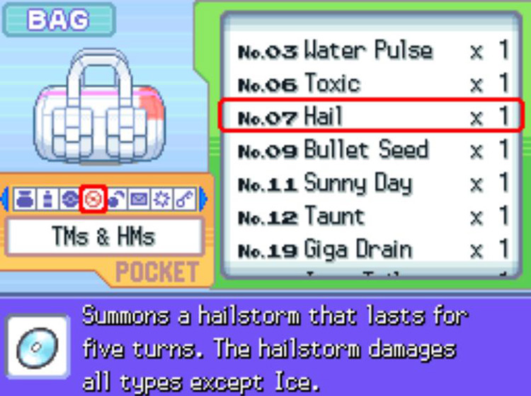 In-game description of TM07 Hail / Pokémon Platinum