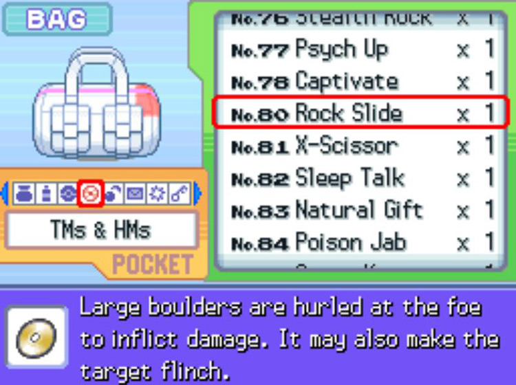 In-game description of TM80 Rock Slide / Pokémon Platinum