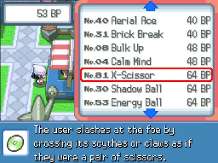 TM81 X-Scissor’s listing at the Exchange Service Corner / Pokémon Platinum