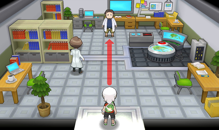 Walking towards the Professor inside the laboratory. / Pokemon ORAS